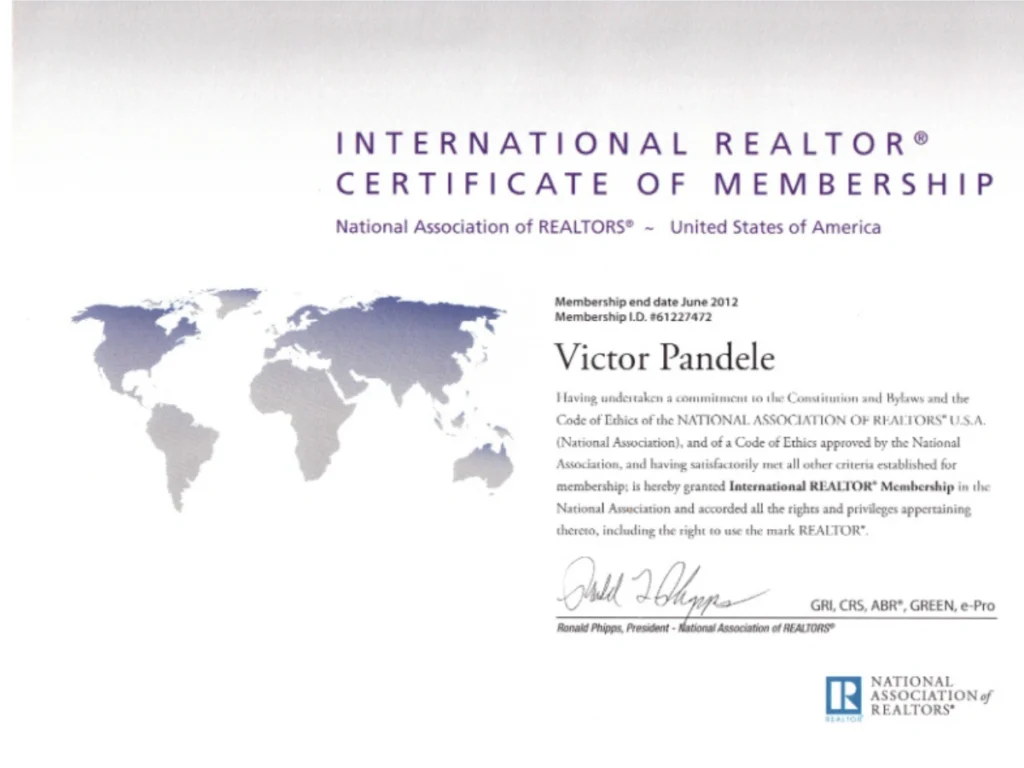 Certificat de membru International Realtor® (NAR), Victor Pandele, agent imobiliar Constanța